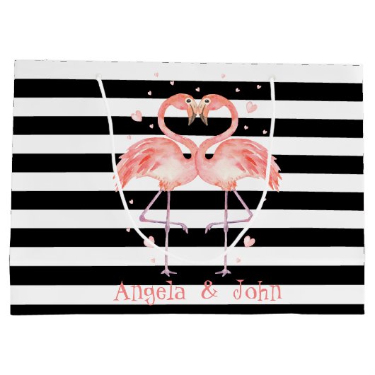 ピンクフラミンゴスインラブ,白黒ストライプ ラージペーパーバッグ (裏面)