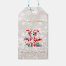 ピンクフラミンゴスサンタハットプレゼントグリッター《写真》ぼけ味 ギフトタグ