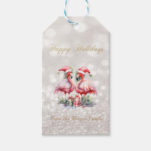 ピンクフラミンゴスサンタハットプレゼントグリッター《写真》ぼけ味 ギフトタグ (正面)