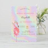 ピンクフラミンゴスフラワーホログラフィック誕生日 招待状 (スタンド正面)