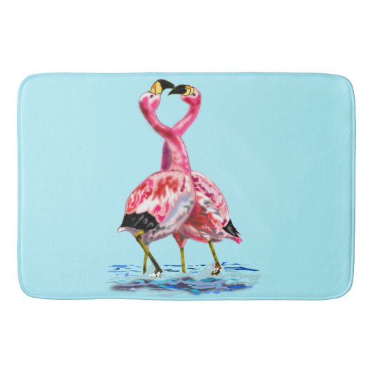 ピンクフラミンゴスブルーバスマットカスタム文字カラー –  バスマット (正面)