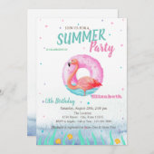 ピンクフラミンゴスプールフロート誕生日パーティー 招待状 (正面/裏面)