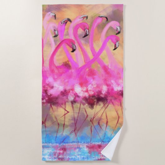 ピンクフラミンゴスラブダンス – オリジナルア絵画ート ビーチタオル (正面)