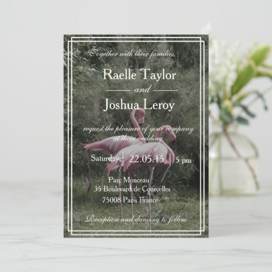 ピンクフラミンゴス屋外自然結婚式招待状 招待状 (スタンド正面)