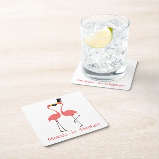 ピンクフラミンゴス結婚トロピカルズ、パーティー、ルアウ（ハワイ式宴会） スクエアペーパーコースター (インサイチュ)