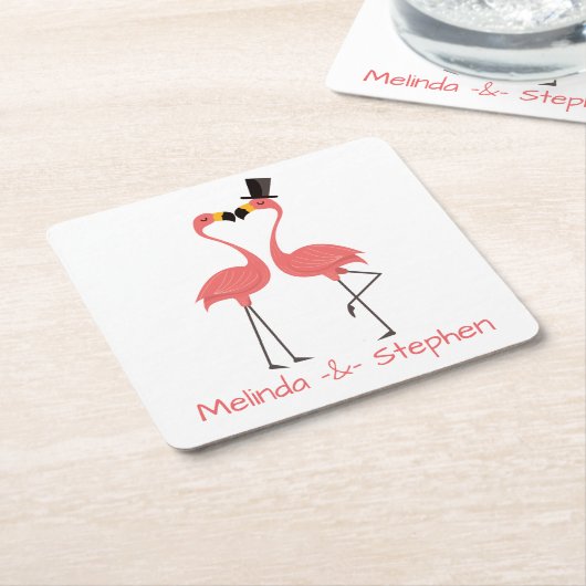 ピンクフラミンゴス結婚トロピカルズ、パーティー、ルアウ（ハワイ式宴会） スクエアペーパーコースター (アングル)