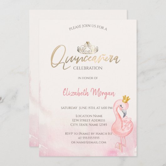 ピンクフラミンゴス金ゴールドティアラキンセアニラ 招待状 (正面/裏面)