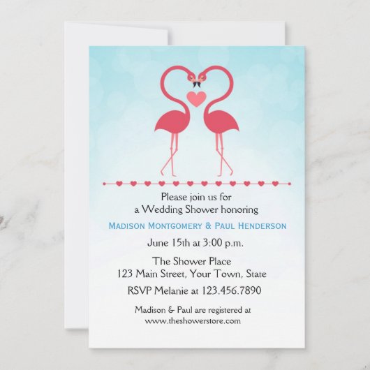 ピンクフラミンゴス、ハート、カップルブライダルシャワー 招待状 (正面)