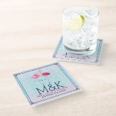 ピンクフラミンゴス&様式化ビーチ水波 ガラスコースター (アングル)