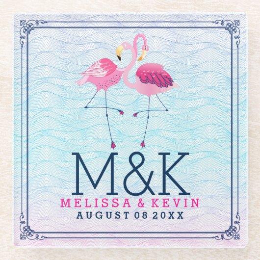 ピンクフラミンゴス&様式化ビーチ水波 ガラスコースター (正面)