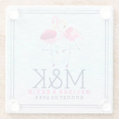 ピンクフラミンゴス&様式化ビーチ水波 ガラスコースター (裏面)