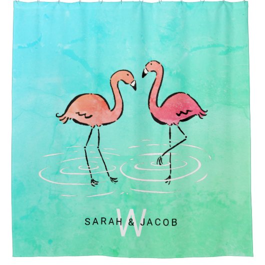 ピンクフラミンゴターコイズ水彩モノグラム名 シャワーカーテン (正面)