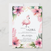 ピンクフラミンゴティアラはっきりしたトロピカルガールベビーシャワー 招待状 (正面)
