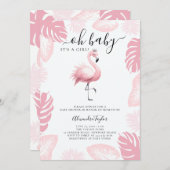 ピンクフラミンゴティアラトロピカルリーフガールベビーシャワー 招待状 (正面/裏面)