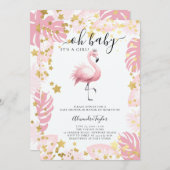 ピンクフラミンゴティアラ星トロピカルガールベビーシャワー 招待状 (正面/裏面)