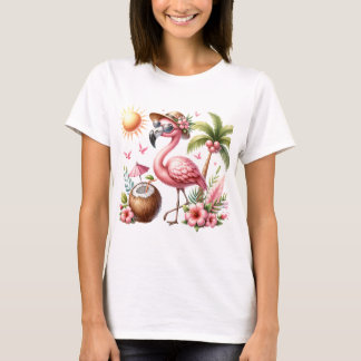 ピンクフラミンゴデザインオンレディースアパレル Tシャツ