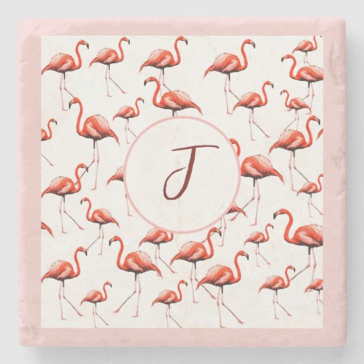 ピンクフラミンゴデザインカスタムファミリーモノグラムサマー ストーンコースター (正面)