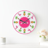 ピンクフラミンゴトロピカルアイランドパームツリーパイナップル ラージ壁時計 (ホーム)