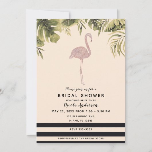 ピンクフラミンゴトロピカルイエロークリームブライダルシャワー 招待状 (正面)