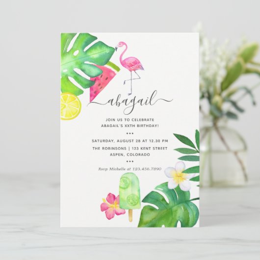 ピンクフラミンゴトロピカルウォーターカラーサマー誕生日 招待状 (スタンド正面)