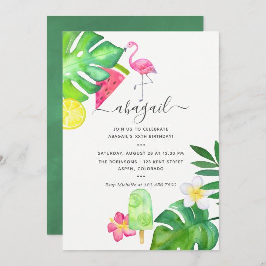 ピンクフラミンゴトロピカルウォーターカラーサマー誕生日 招待状 (正面/裏面)
