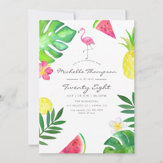 ピンクフラミンゴトロピカルエイジ誕生日パーティー 招待状 (正面)
