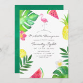 ピンクフラミンゴトロピカルエイジ誕生日パーティー 招待状 (正面/裏面)