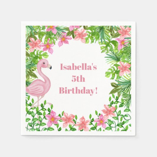 ピンクフラミンゴトロピカルガールズバースデーパーティー スタンダードカクテルナプキン (正面)