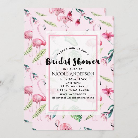ピンクフラミンゴトロピカルハイビスカスフローラブライダル 招待状 (正面/裏面)