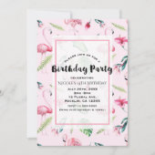 ピンクフラミンゴトロピカルハイビスカスフローラ誕生日 招待状 (正面)
