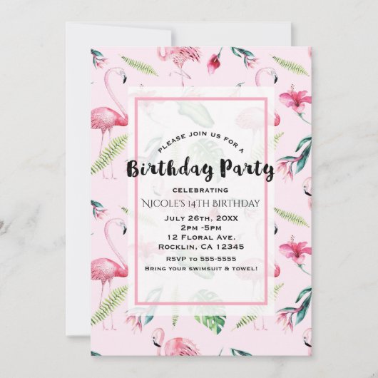 ピンクフラミンゴトロピカルハイビスカスフローラ誕生日 招待状 (正面)