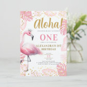 ピンクフラミンゴトロピカルハワイアロハ1st誕生日 招待状 (スタンド正面)
