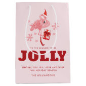 ピンクフラミンゴトロピカルビーチクリスマス ミディアムペーパーバッグ (正面)