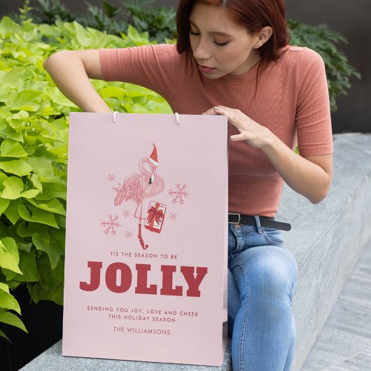 ピンクフラミンゴトロピカルビーチクリスマス ミディアムペーパーバッグ