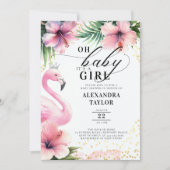 ピンクフラミンゴトロピカルピンク金ゴールドガールベビーシャワー 招待状 (正面)