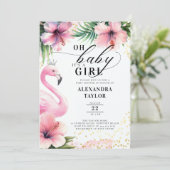 ピンクフラミンゴトロピカルピンク金ゴールドガールベビーシャワー 招待状 (スタンド正面)