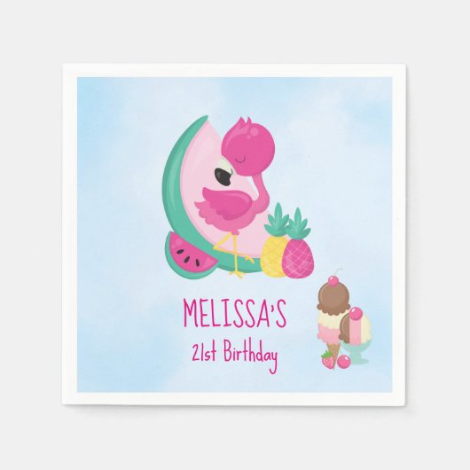 ピンクフラミンゴトロピカルフルーツ&アイスクリーム誕生日 スタンダードカクテルナプキン (正面)