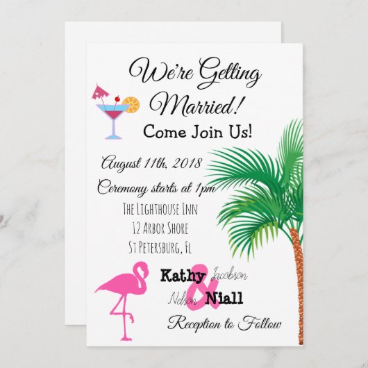 ピンクフラミンゴトロピカル結婚式招待状 招待状 (正面/裏面)