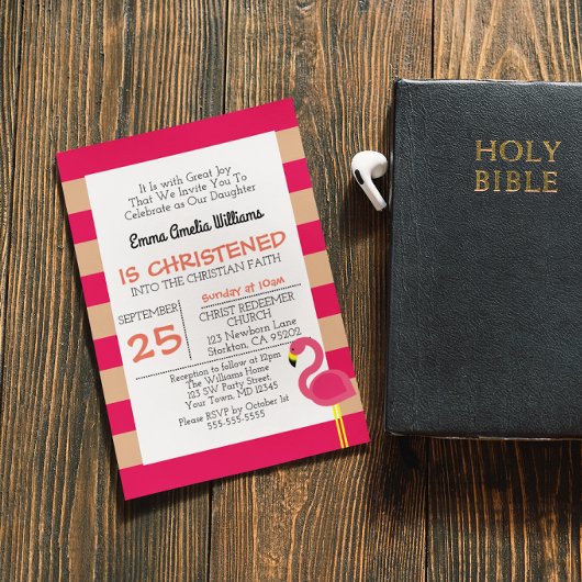 ピンクフラミンゴバプテスマ《キリスト教》洗礼式や命名式 招待状