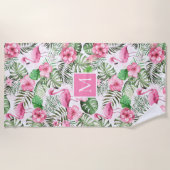 ピンクフラミンゴパーソナライズされた ビーチタオル (正面)