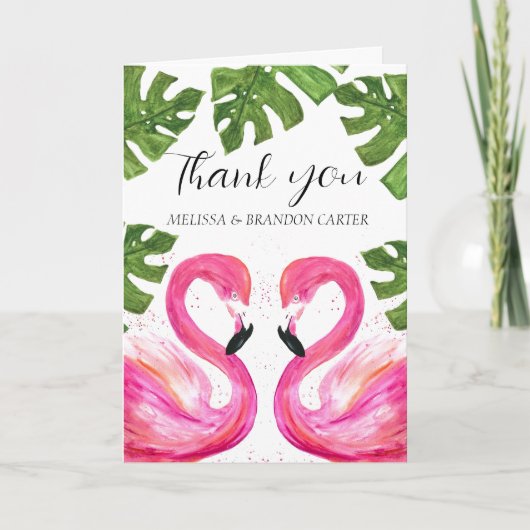 ピンクフラミンゴビーチトロピカルズ結婚サンキュー サンキューカード (正面)