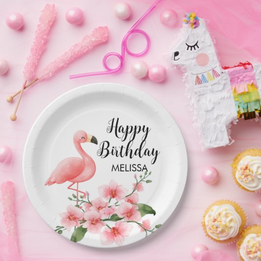 ピンクフラミンゴピンクオーキッドフローラ誕生日 ペーパープレート (パーティー)