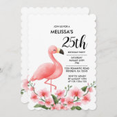 ピンクフラミンゴピンクオーキッドフローラ25誕生日 招待状 (正面/裏面)