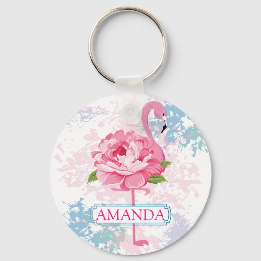 ピンクフラミンゴフローラデザインモノグラム キーホルダー (正面)