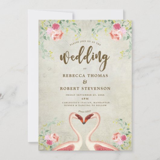 ピンクフラミンゴフローラモダン結婚式招待状 招待状 (正面)