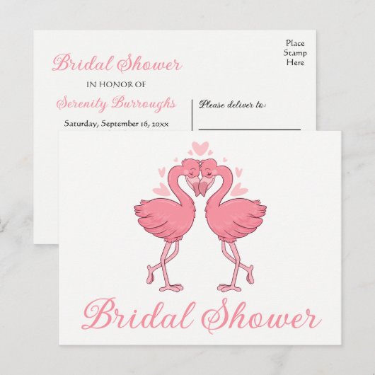 ピンクフラミンゴブライダルシャワートロピカルサマールアウ（ハワイ式宴会） インビテーションポストカード (正面/裏面)