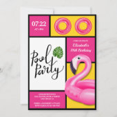 ピンクフラミンゴプールパーティーガール誕生日 招待状 (正面)