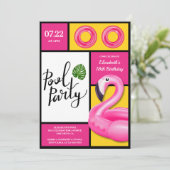 ピンクフラミンゴプールパーティーガール誕生日 招待状 (スタンド正面)