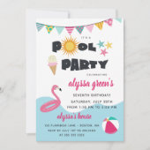 ピンクフラミンゴプールパーティーキッド誕生日 招待状 (正面)