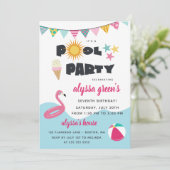 ピンクフラミンゴプールパーティーキッド誕生日 招待状 (スタンド正面)